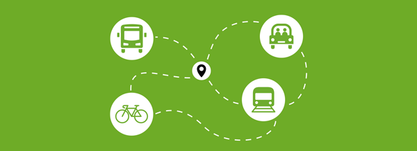 Icones d'un autobus, d'une auto, d'un vélo et d'un métro pour représenter la mobilité durable
